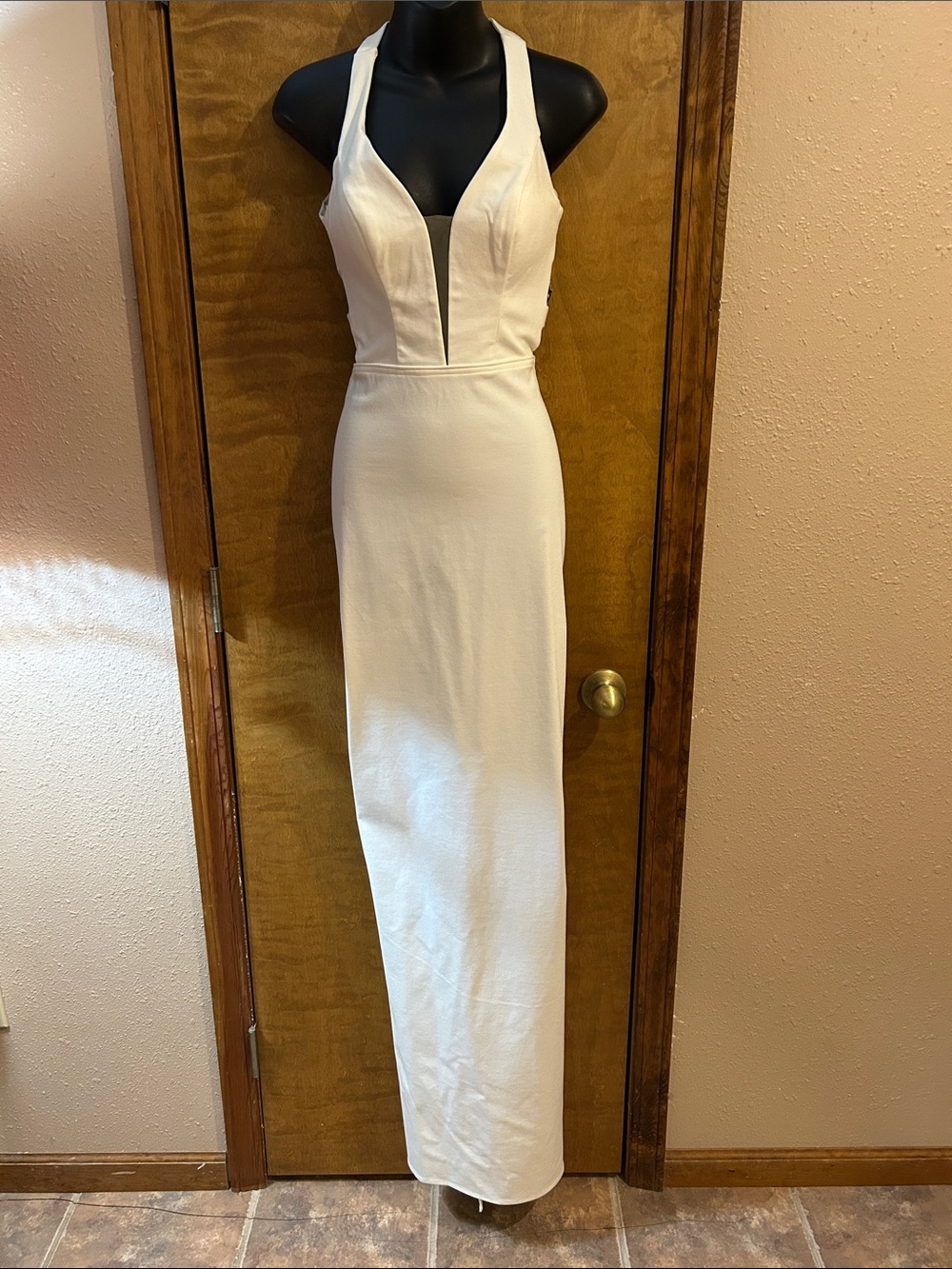 La Femme White Plunge Halter Column Gown